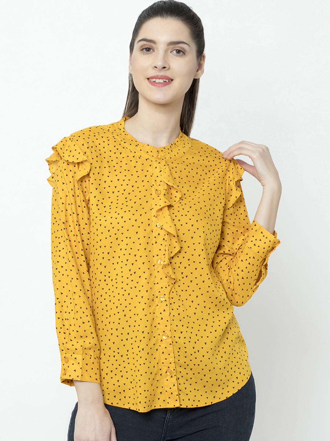 

SQew Women Yellow Printed Shirt Style Top