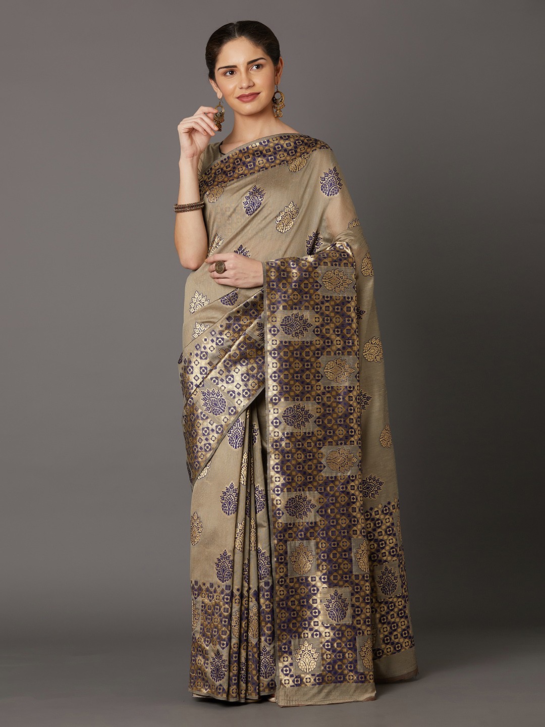 

Mitera Brown & Blue Silk Blend Woven Design Kanjeevaram Saree