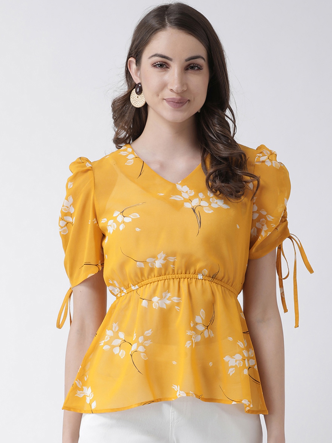 KASSUALLY Women Yellow & White Printed Blouson Top