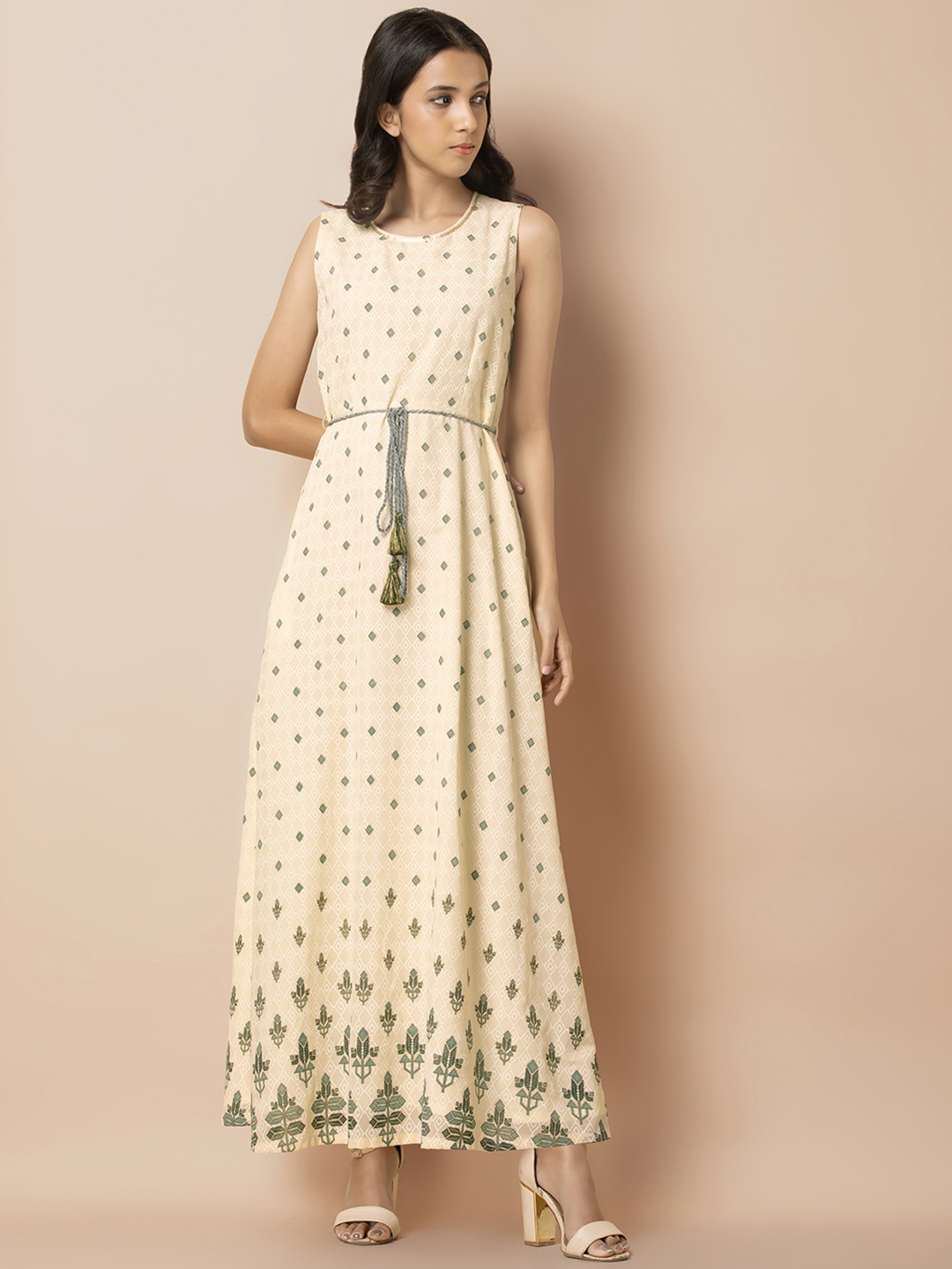 

Rang by Indya Women Beige & White Printed Maxi Dress