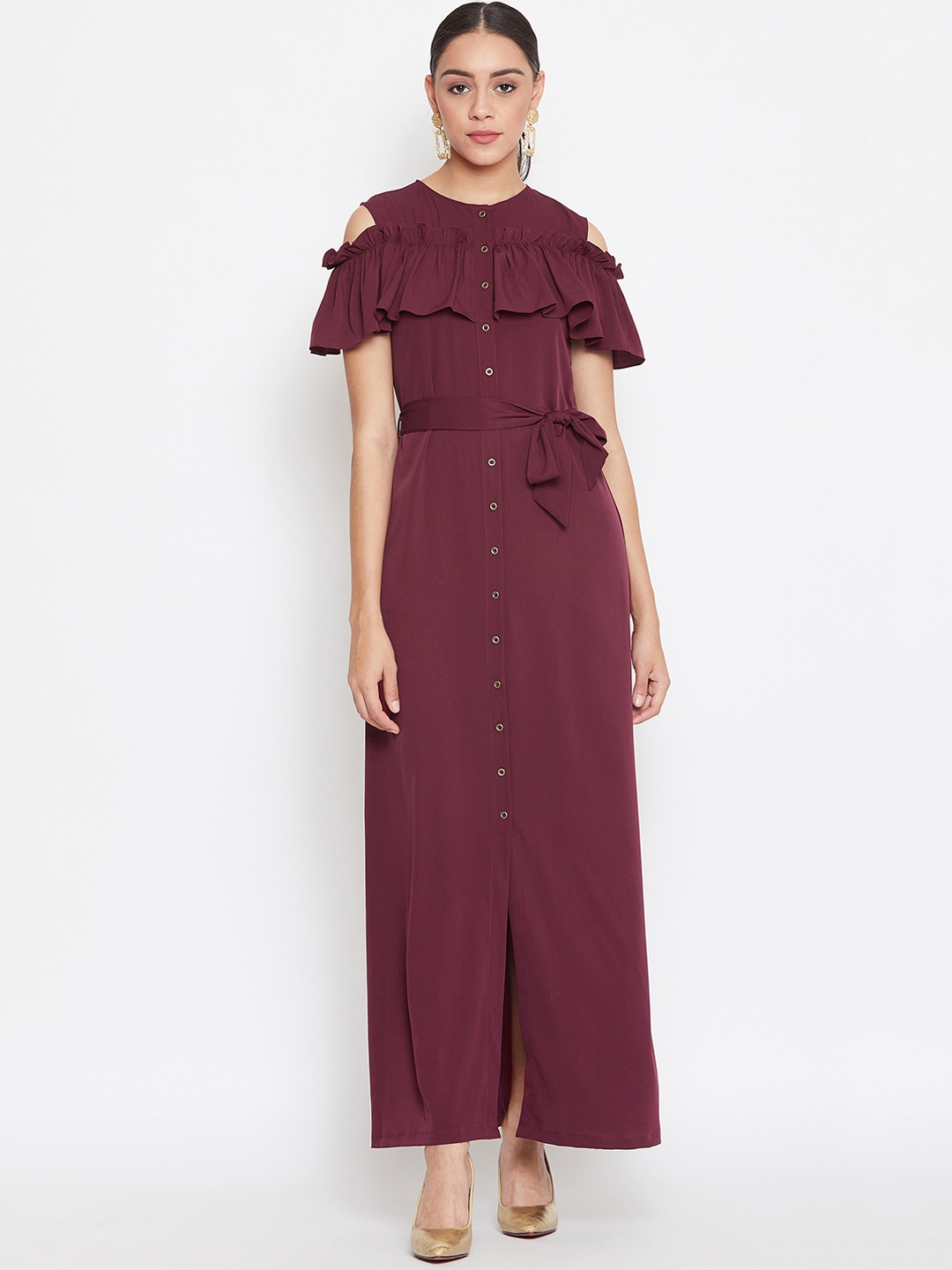 

Uptownie Lite Women Maroon Solid Ruffle Maxi Dress with Cold Shoulder Sleeves