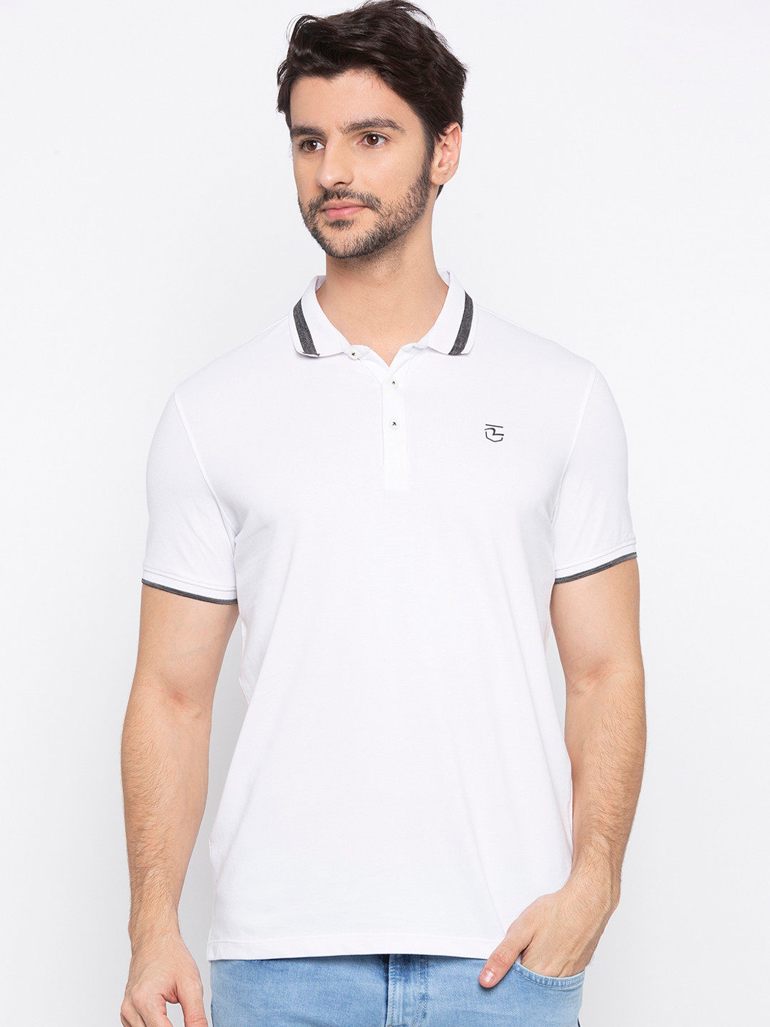 

SPYKAR Men White Striped Polo Collar T-shirt