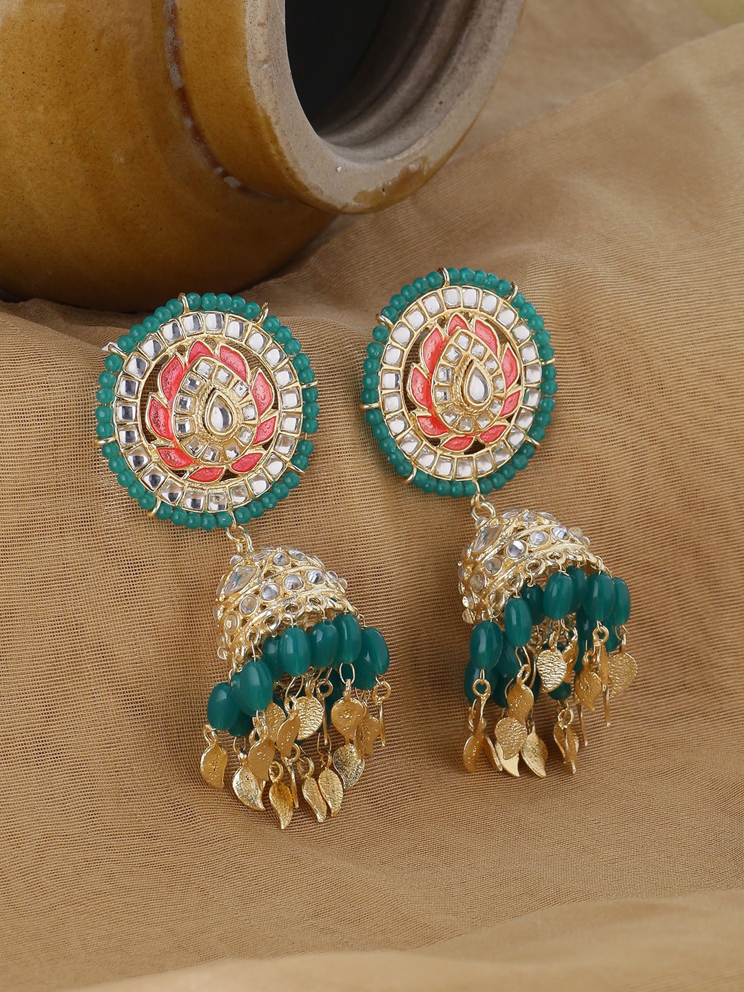 

Shoshaa Gold-Plated & Green Dome Shaped Jhumkas