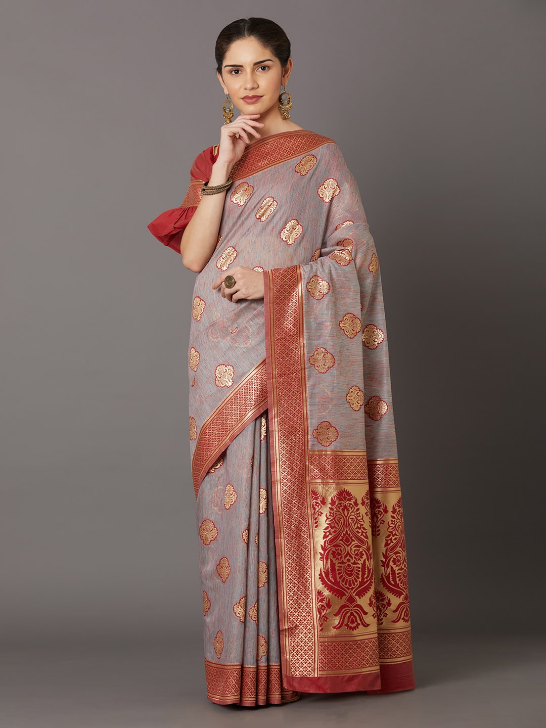 Mitera Grey & Red Silk Blend Woven Design Kanjeevaram Saree