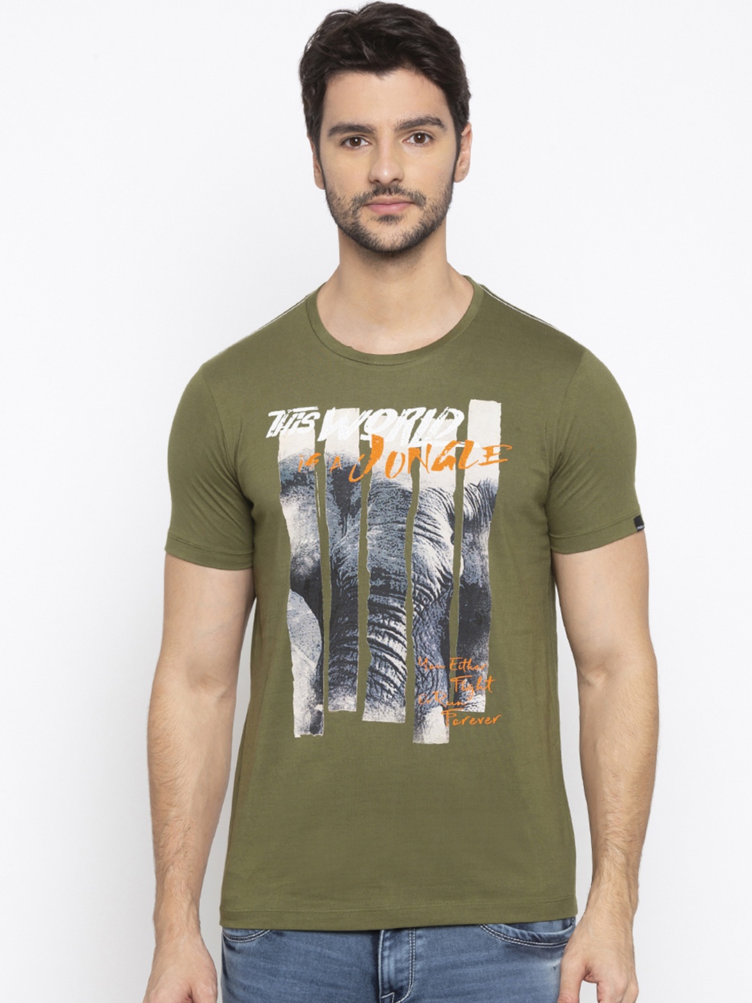 

SPYKAR Men Olive Green Printed Round Neck T-shirt