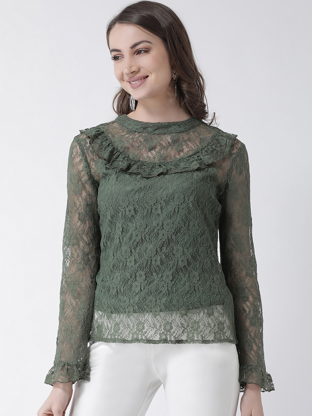 

KASSUALLY Women Olive Green Self Design A-Line Top