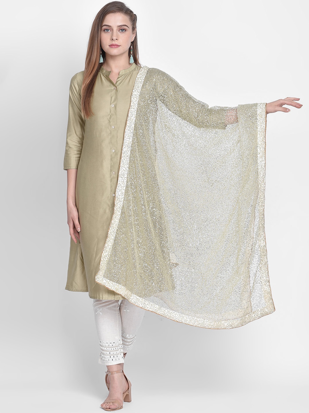 

Dupatta Bazaar Women Off-White & Green Sequinned Dupatta