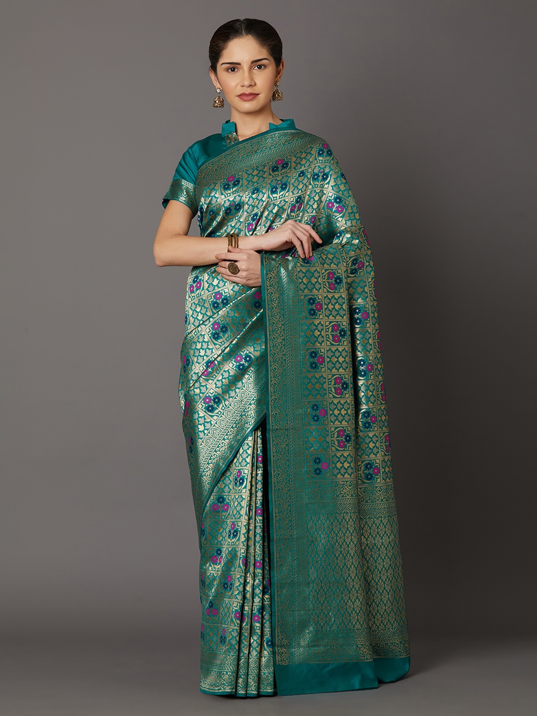 

Mitera Teal Green Silk Blend Woven Design Kanjeevaram Saree