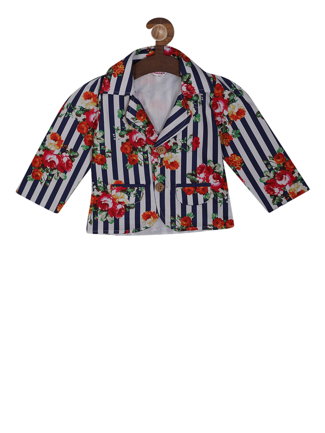 

RIKIDOOS Girls Blue & White Printed Single-Breasted Party Pure Cotton Blazer
