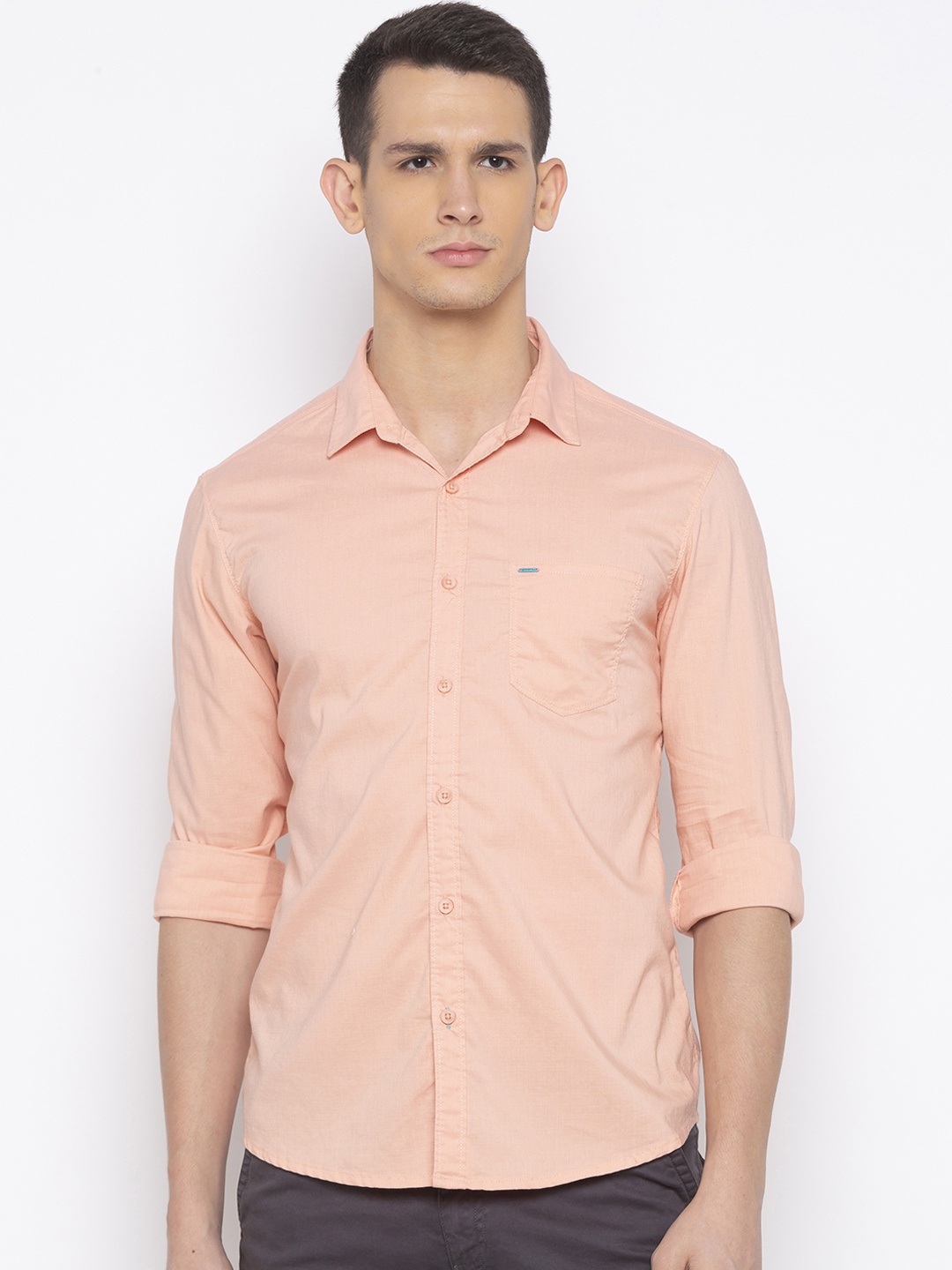 

SPYKAR Men Peach-Coloured Slim Fit Solid Casual Shirt
