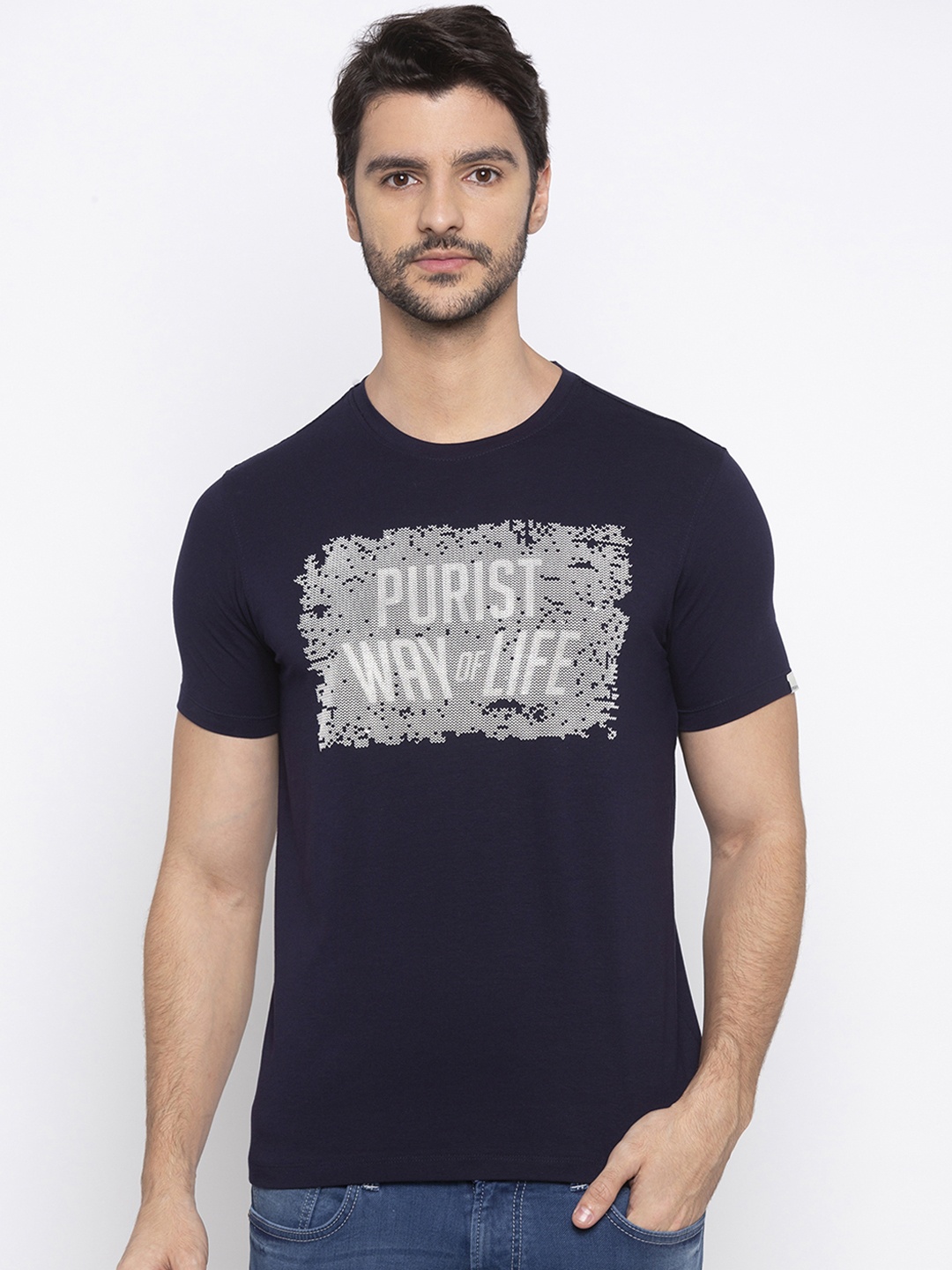

SPYKAR Men Navy Blue Printed Round Neck T-shirt