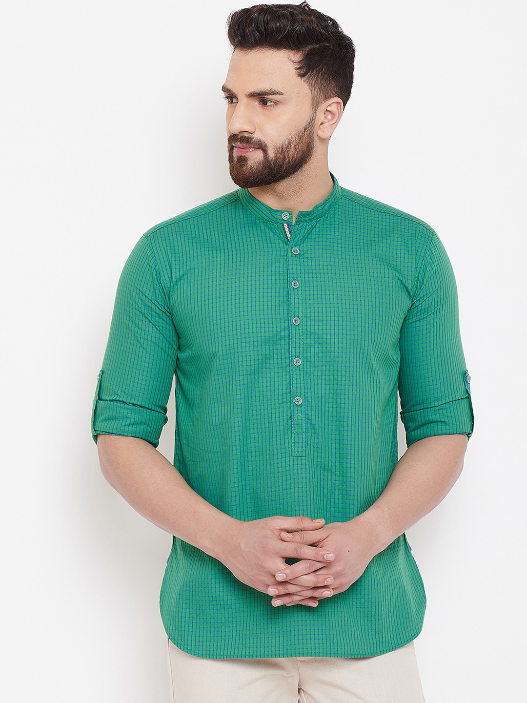 

even Men Green & Blue Checked Straight Kurta