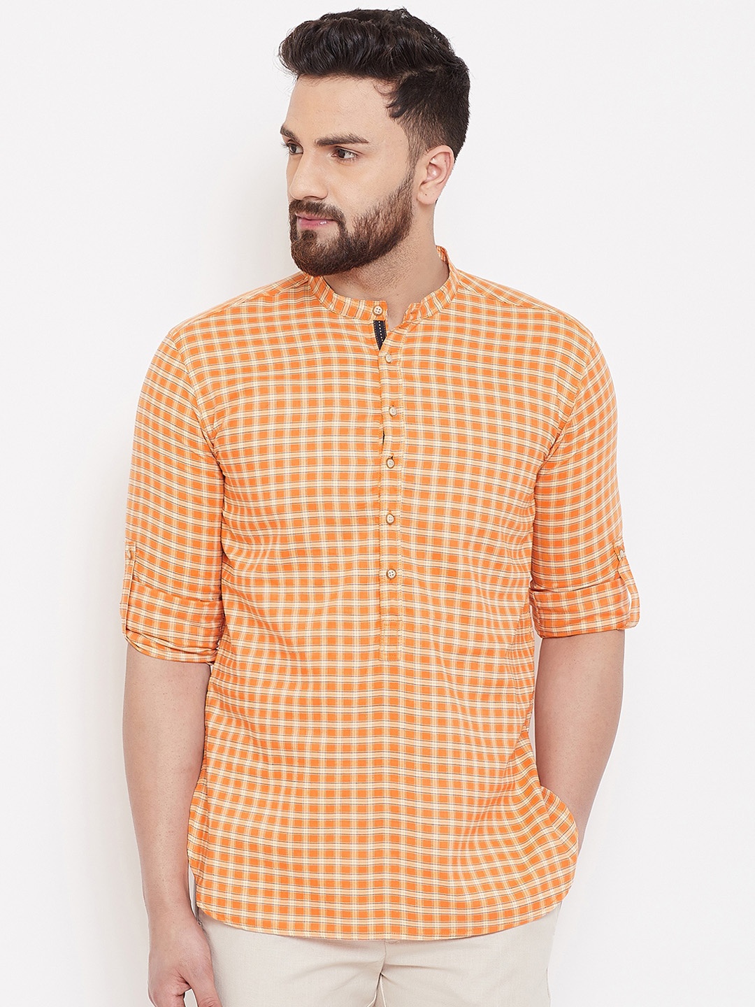 

even Men Orange Checked Straight Kurta