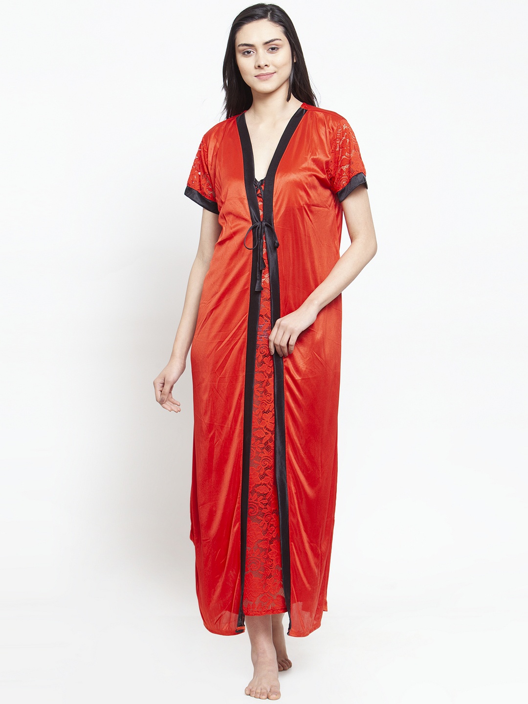 

Secret Wish Red & Black Solid Nightdress With Robe HC-E199-801