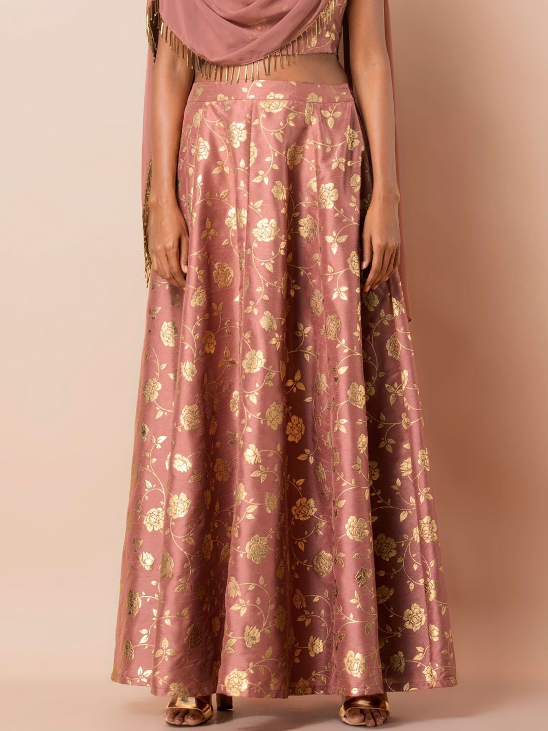 

INDYA Women Pink & Gold-Toned Floral Printed Flared Panelled Maxi Skirt