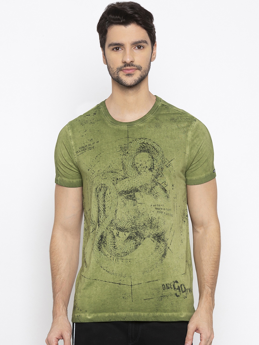 

SPYKAR Men Olive Green Printed Round Neck T-shirt