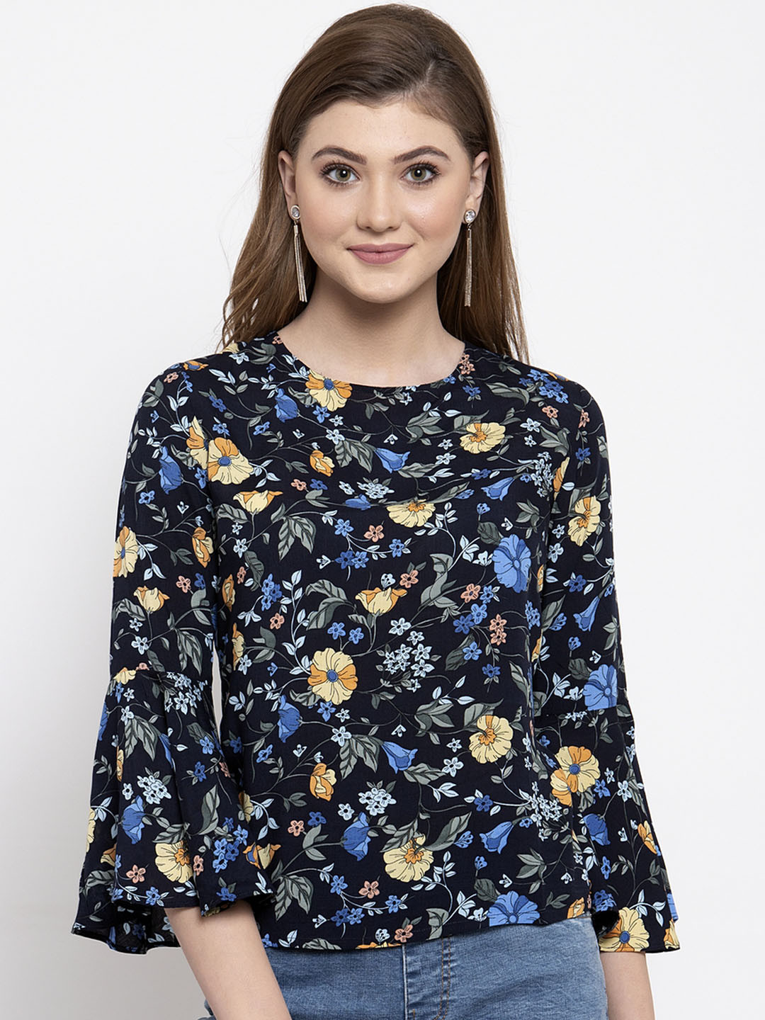 

Gipsy Women Navy Blue & Yellow Printed Top