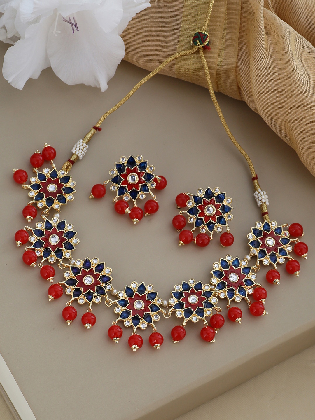 

Shoshaa Gold-Plated Red & Blue Enamelled Stone Studded & Beaded Jewellery Set