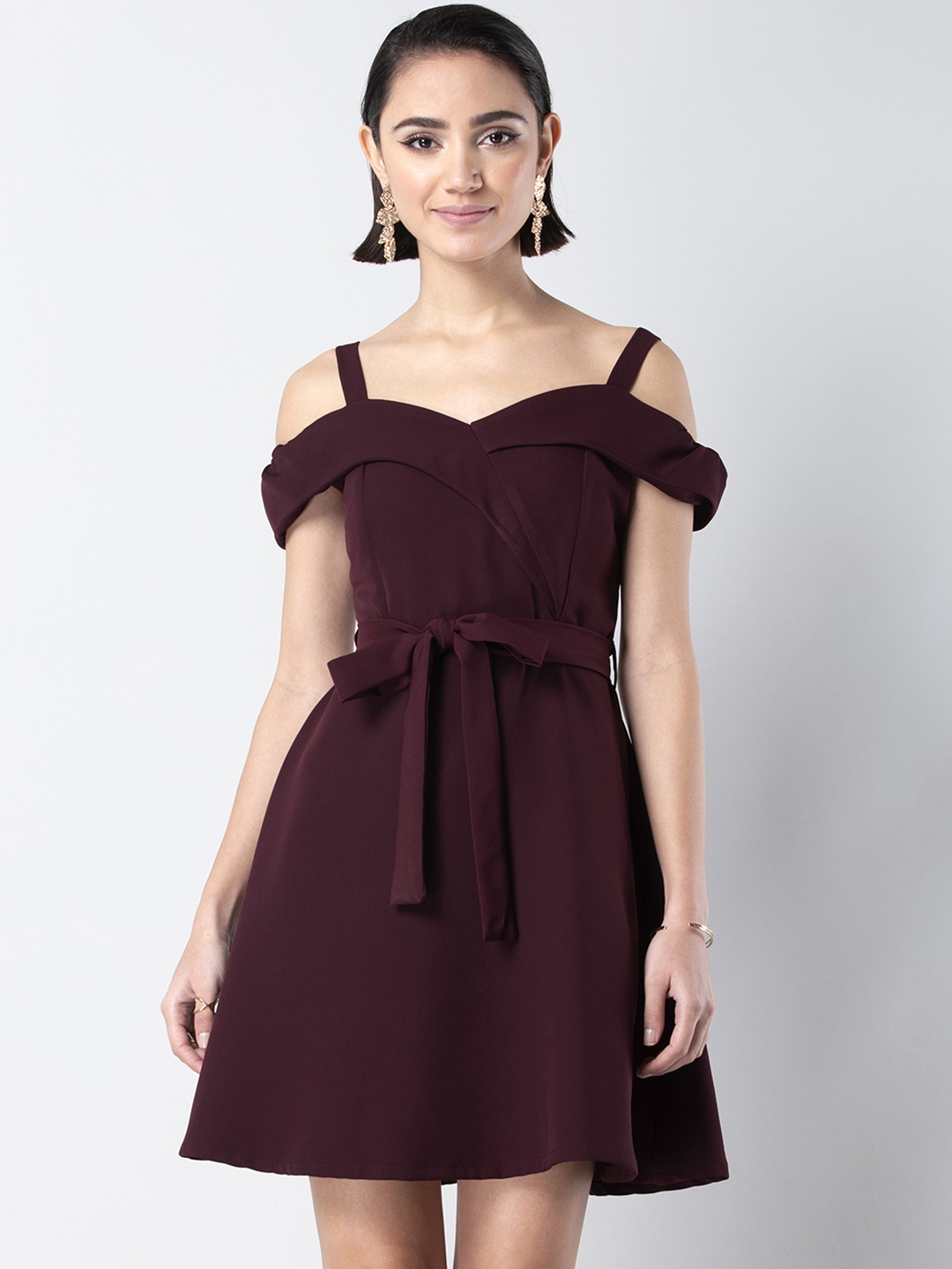 

FabAlley Women Burgundy Solid Fit and Flare Dress