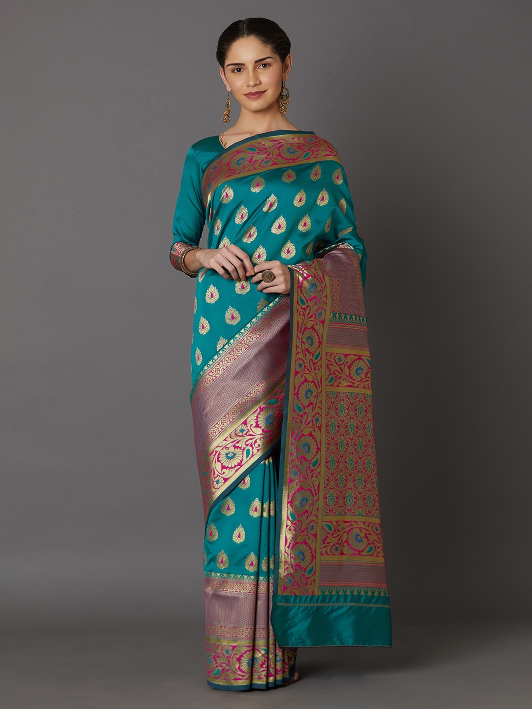 

Mitera Teal Silk Blend Woven Design Kanjeevaram Saree