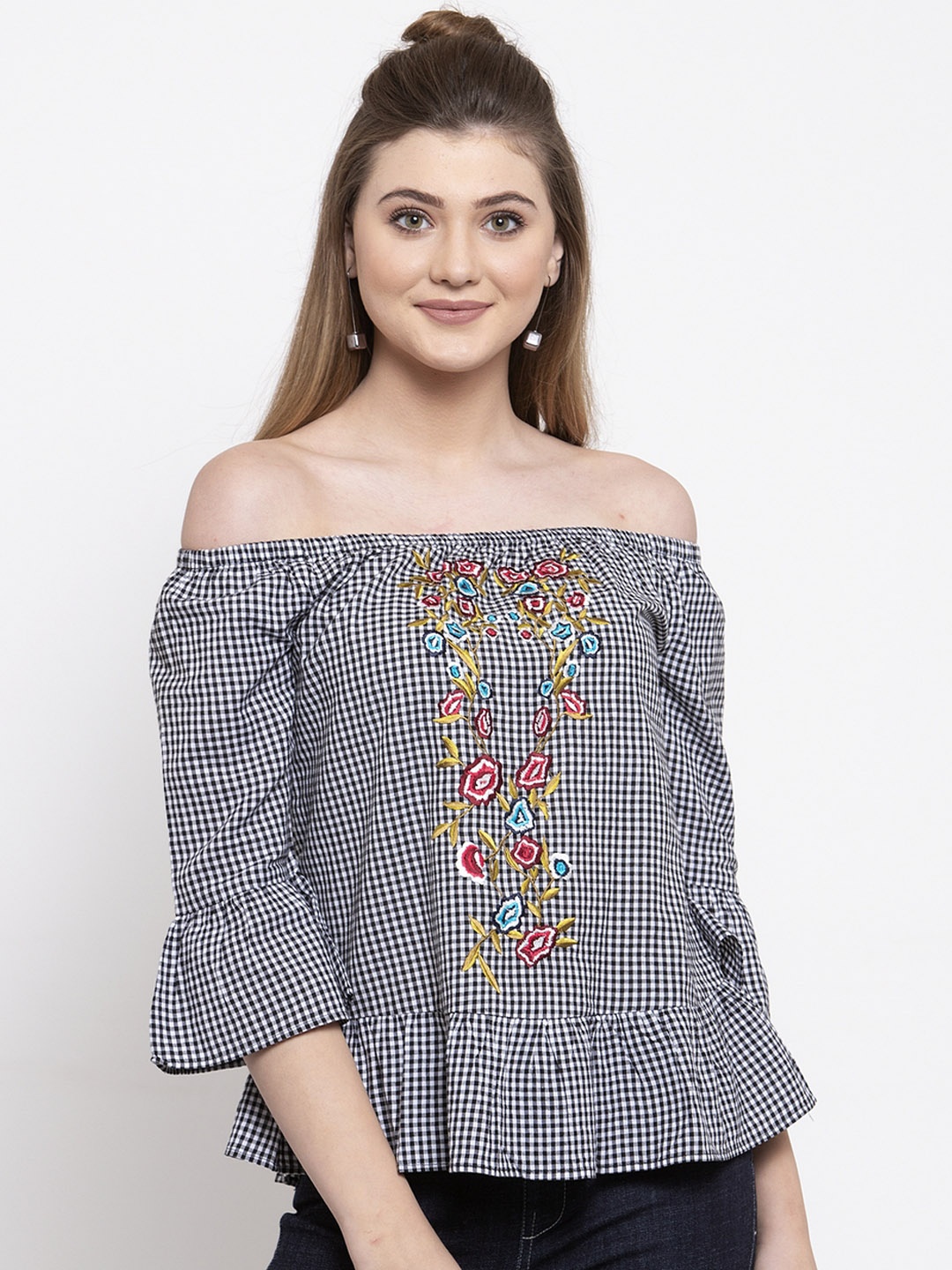 

Gipsy Women Black & Off-White Checked Bardot Top