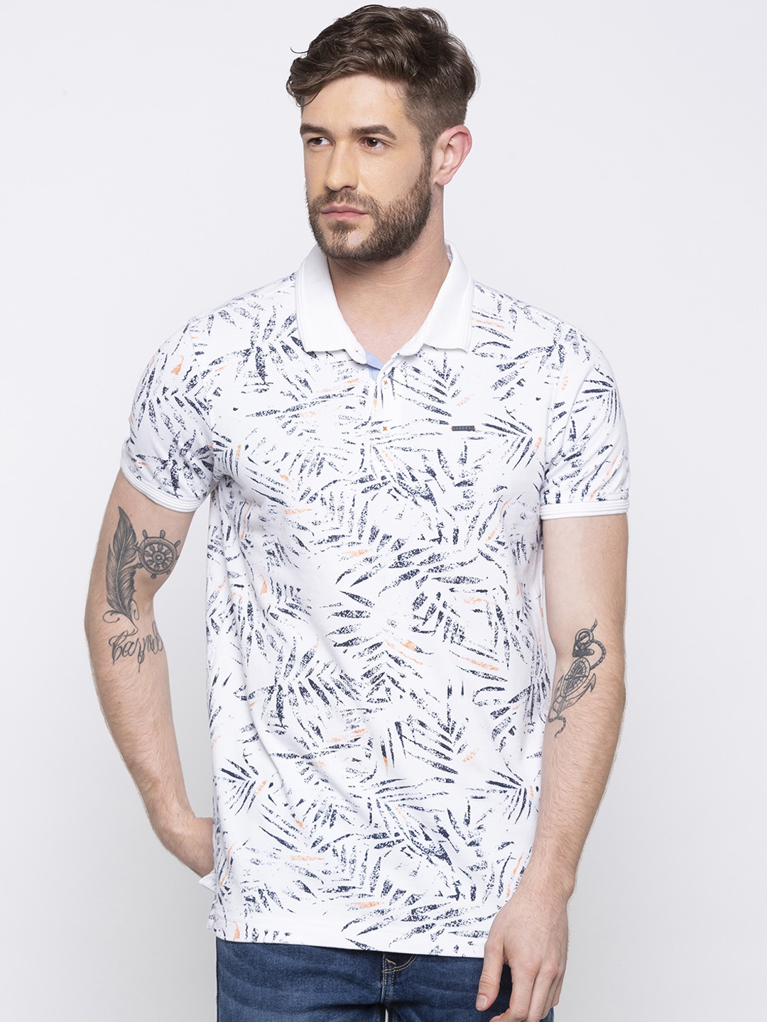 

SPYKAR Men White Printed Polo Collar T-shirt