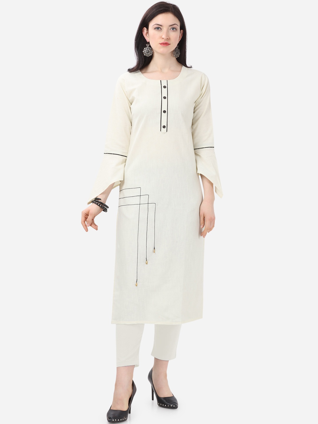 Kvsfab Women Off-White Striped Straight Kurta