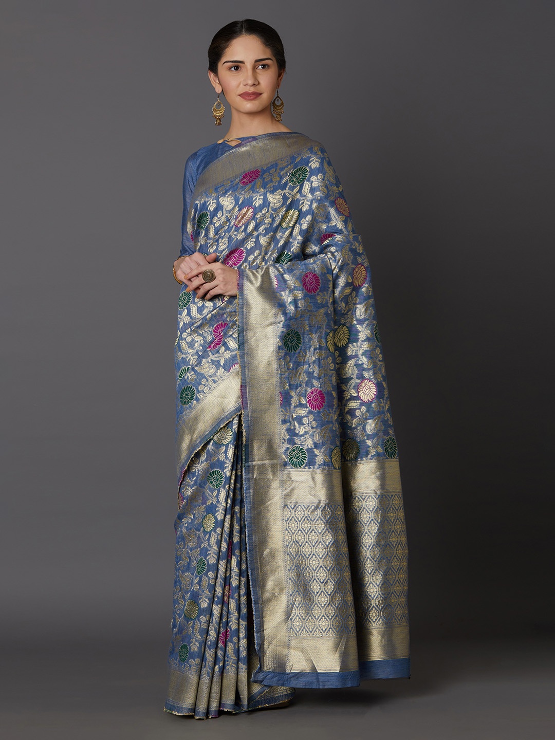 Mitera Blue & Gold-Toned Silk Blend Woven Design Kanjeevaram Saree