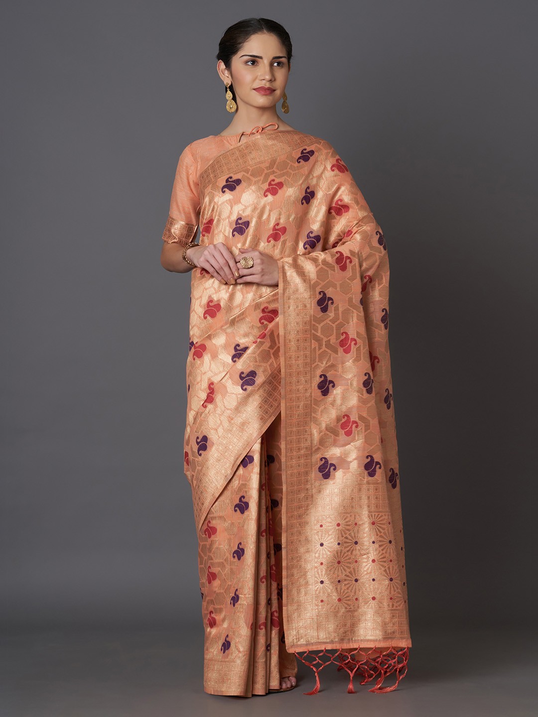 

Mitera Orange Silk Blend Woven Design Kanjeevaram Saree