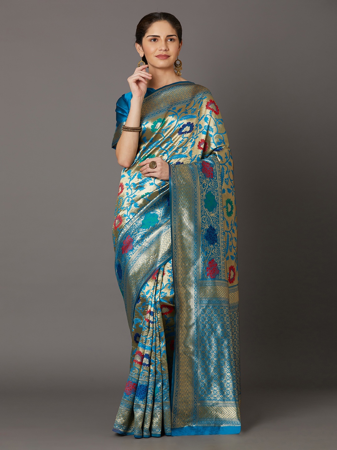 

Mitera Turquoise Blue & Red Silk Blend Woven Design Kanjeevaram Saree