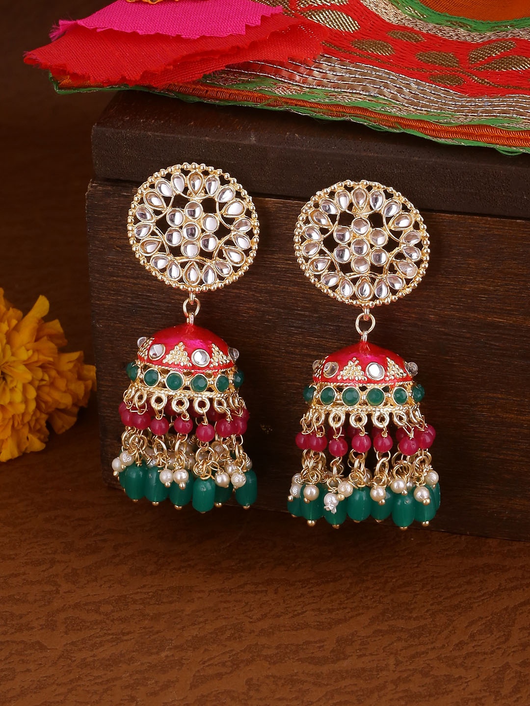 

Shoshaa Gold-Plated & Fuchsia Dome Shaped Kundan Jhumkas