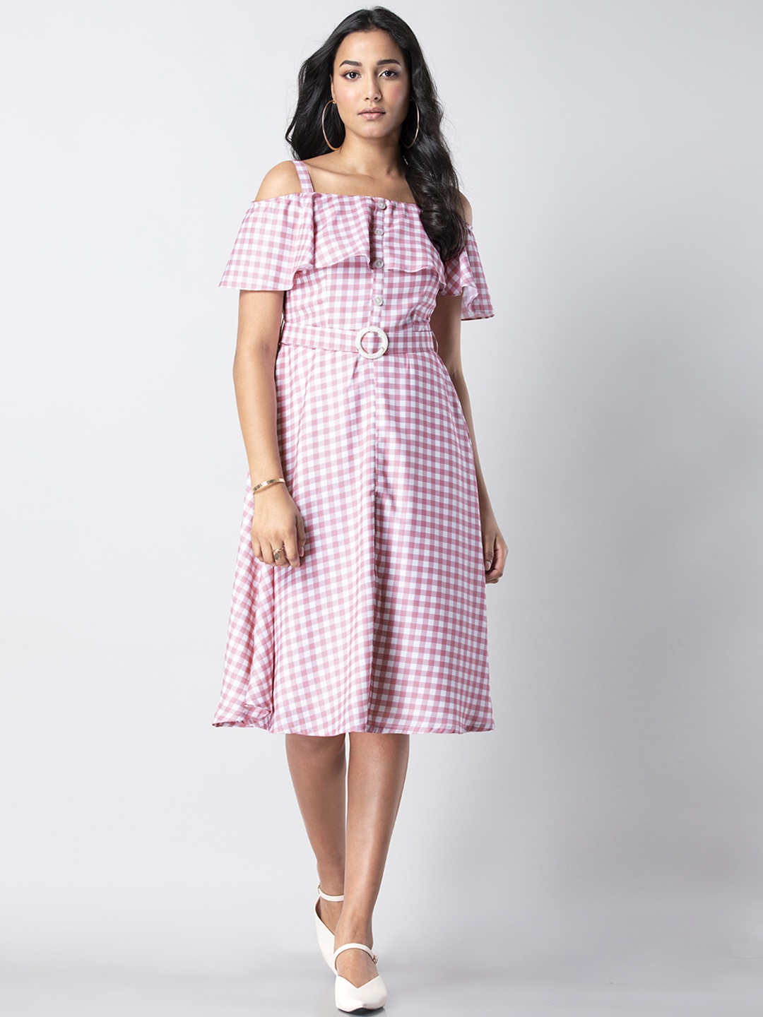 

FabAlley Women Pink Checked Fit and Flare Dress