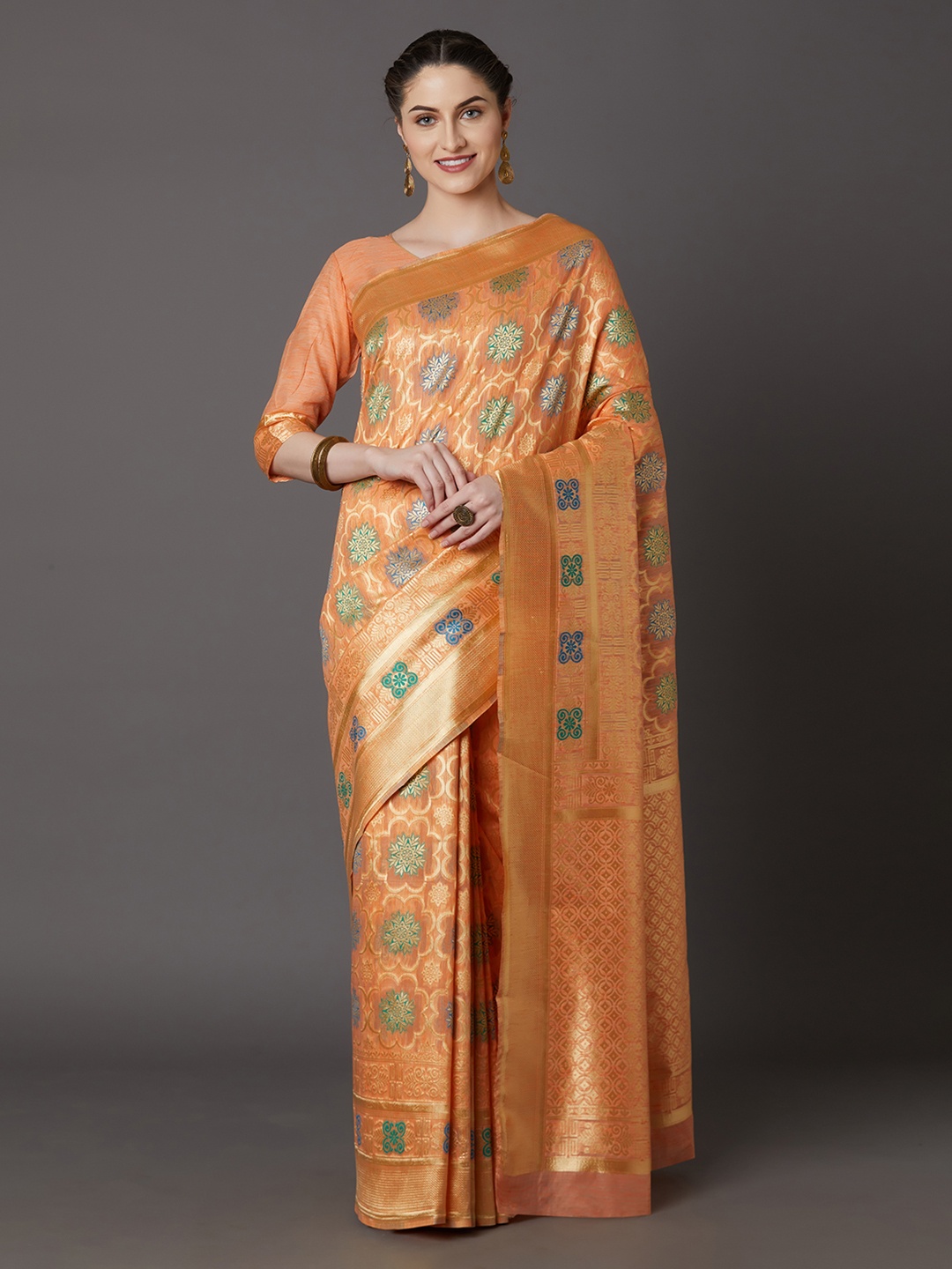 

Mitera Orange & Gold-Toned Silk Blend Woven Design Kanjeevaram Saree