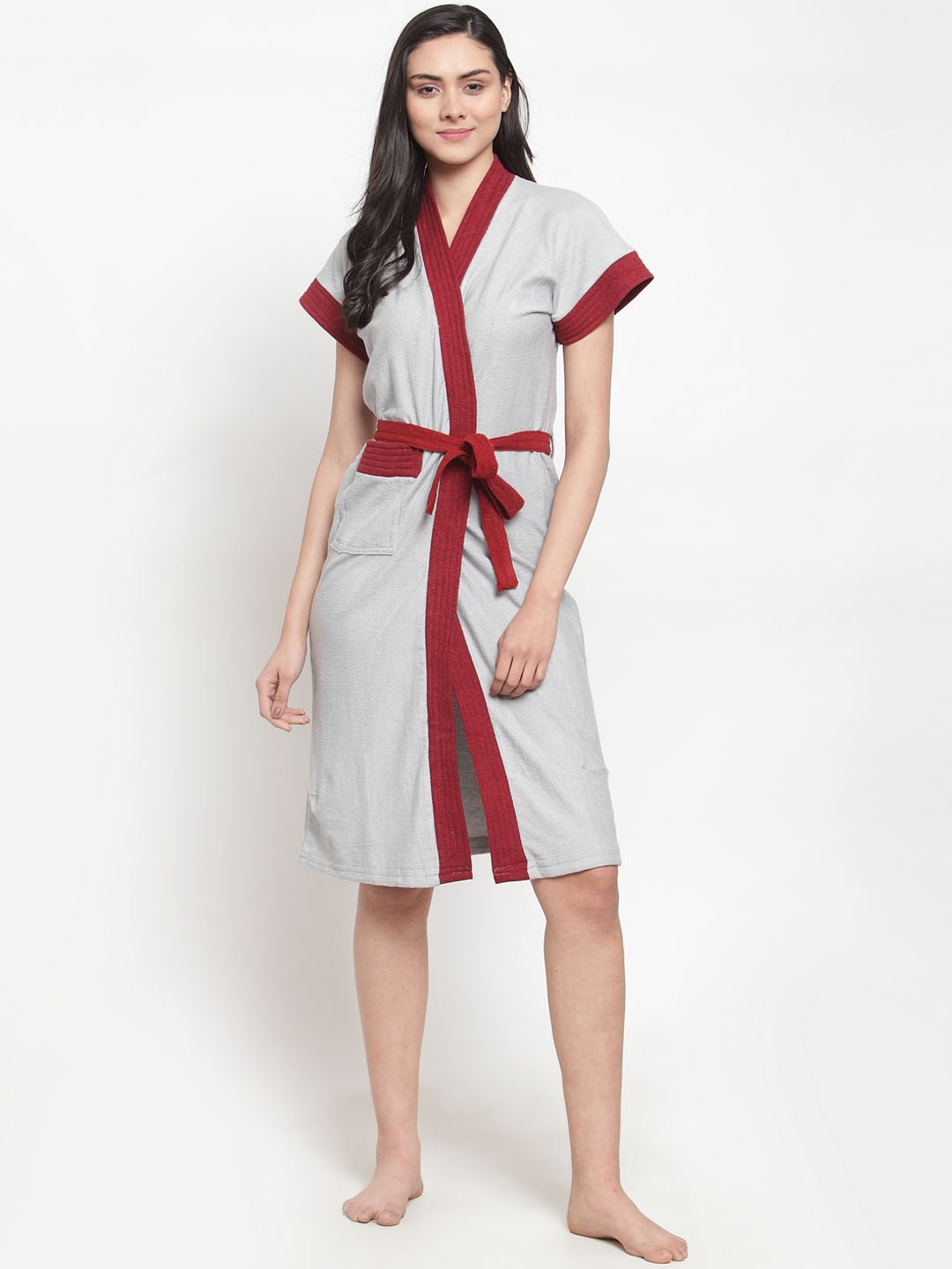 Secret Wish Women Grey & Maroon Colourblocked Bath Robe
