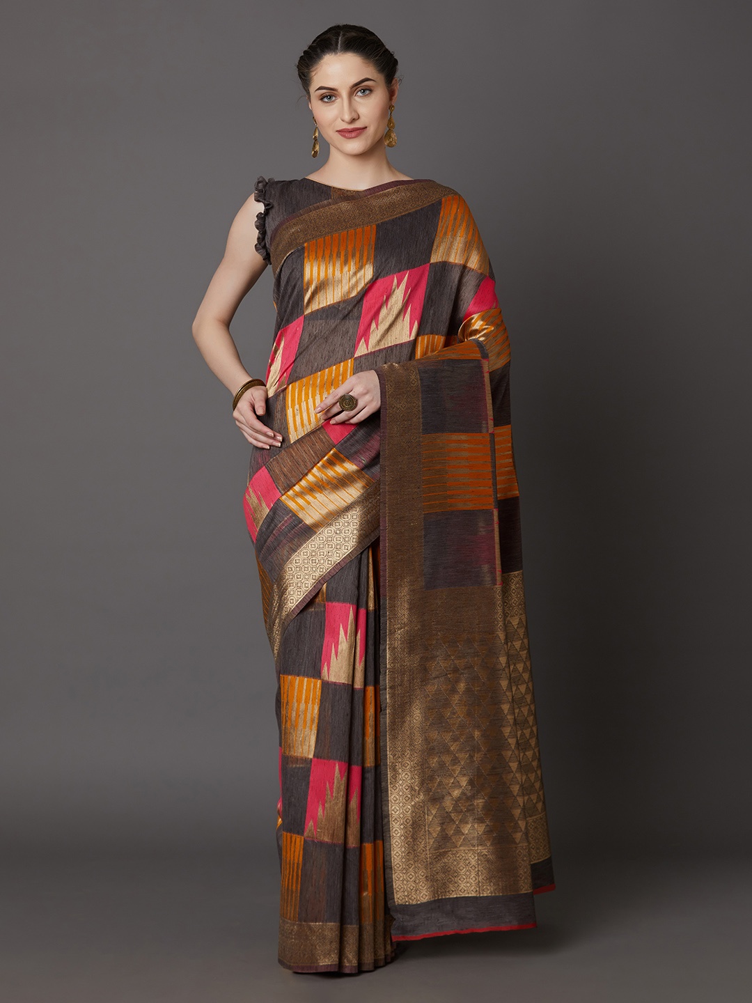 

Mitera Brown & Gold-Toned Silk Blend Woven Design Kanjeevaram Saree