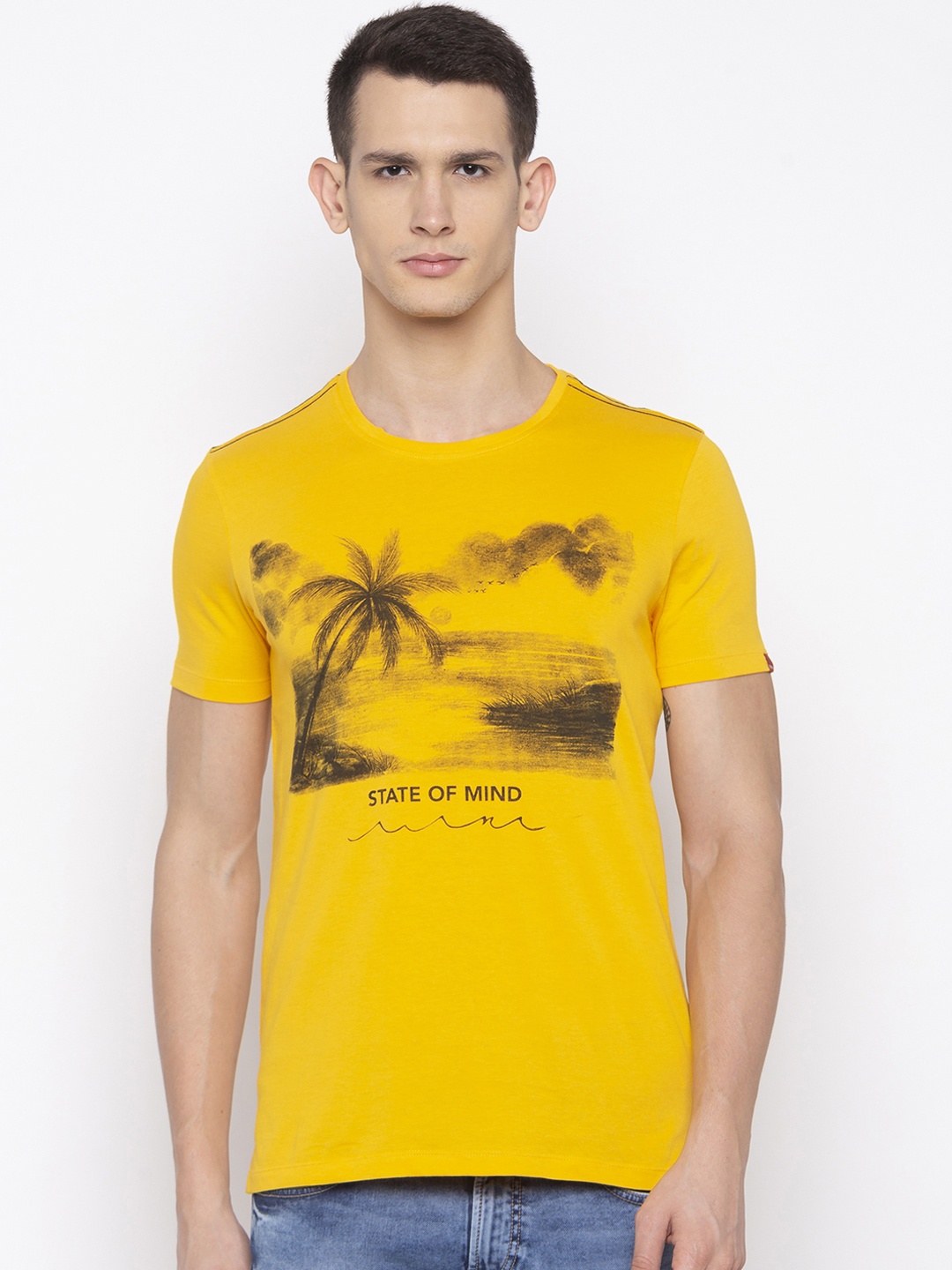 

SPYKAR Men Yellow Printed Round Neck T-shirt