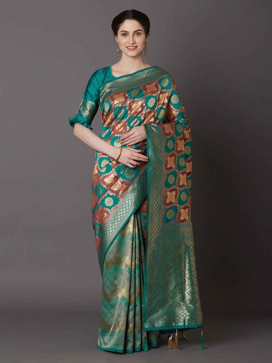 

Mitera Teal Silk Blend Woven Design Kanjeevaram Saree