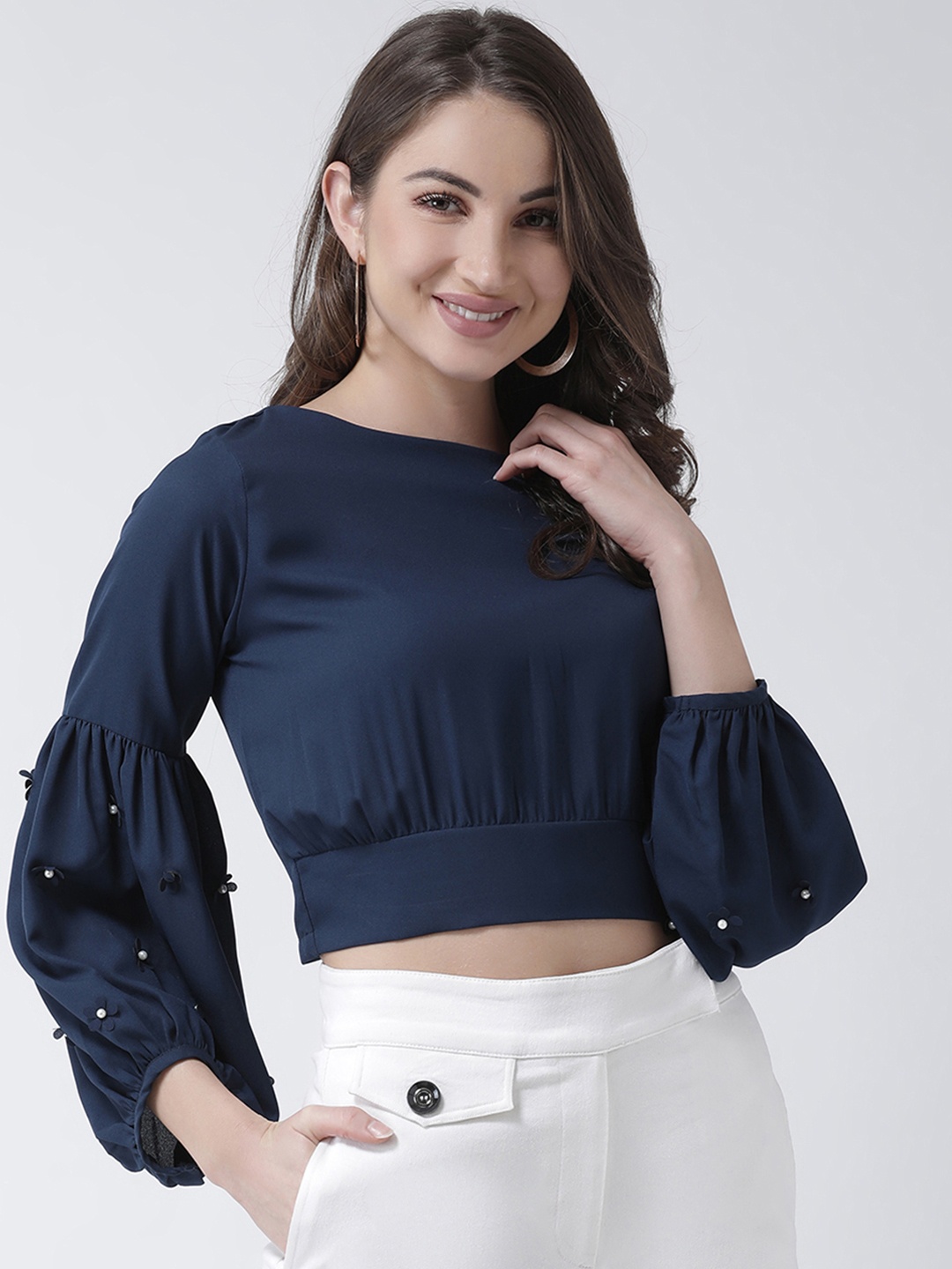 

KASSUALLY Women Navy Blue Solid A-Line Top