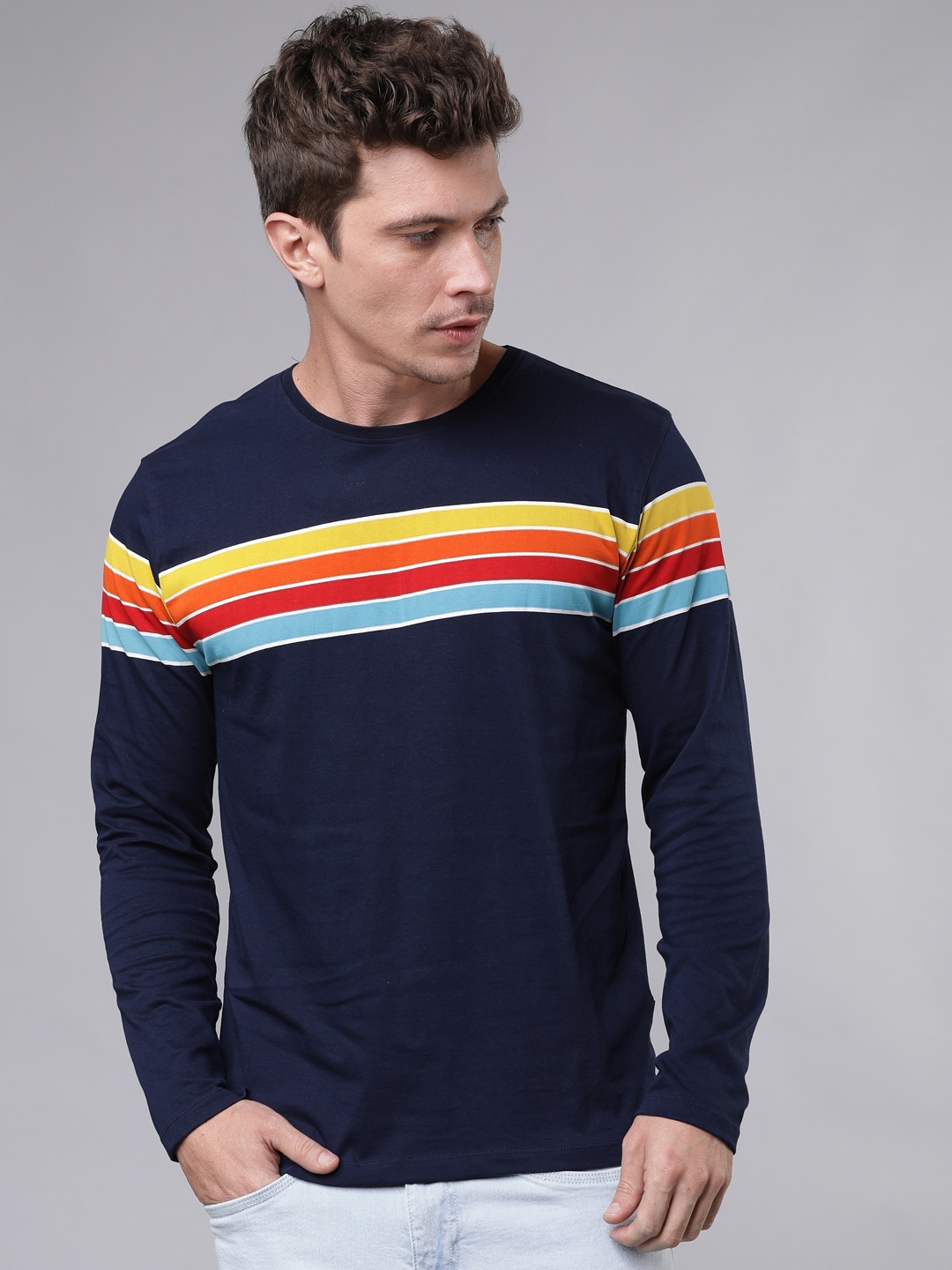 

LOCOMOTIVE Men Navy Blue Striped Slim Fit Round Neck T-shirt