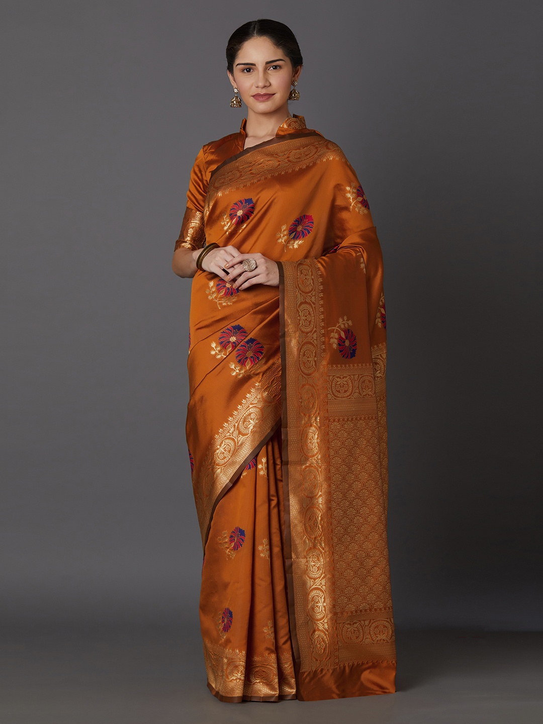 

Mitera Mustard Brown & Blue Silk Blend Woven Design Kanjeevaram Saree