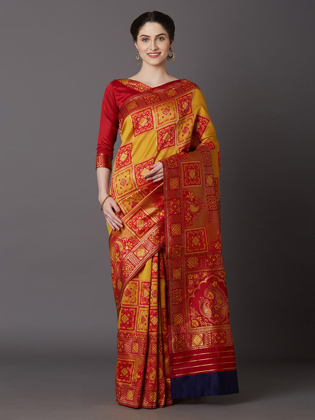 

Mitera Yellow & Red Silk Blend Woven Design Kanjeevaram Saree