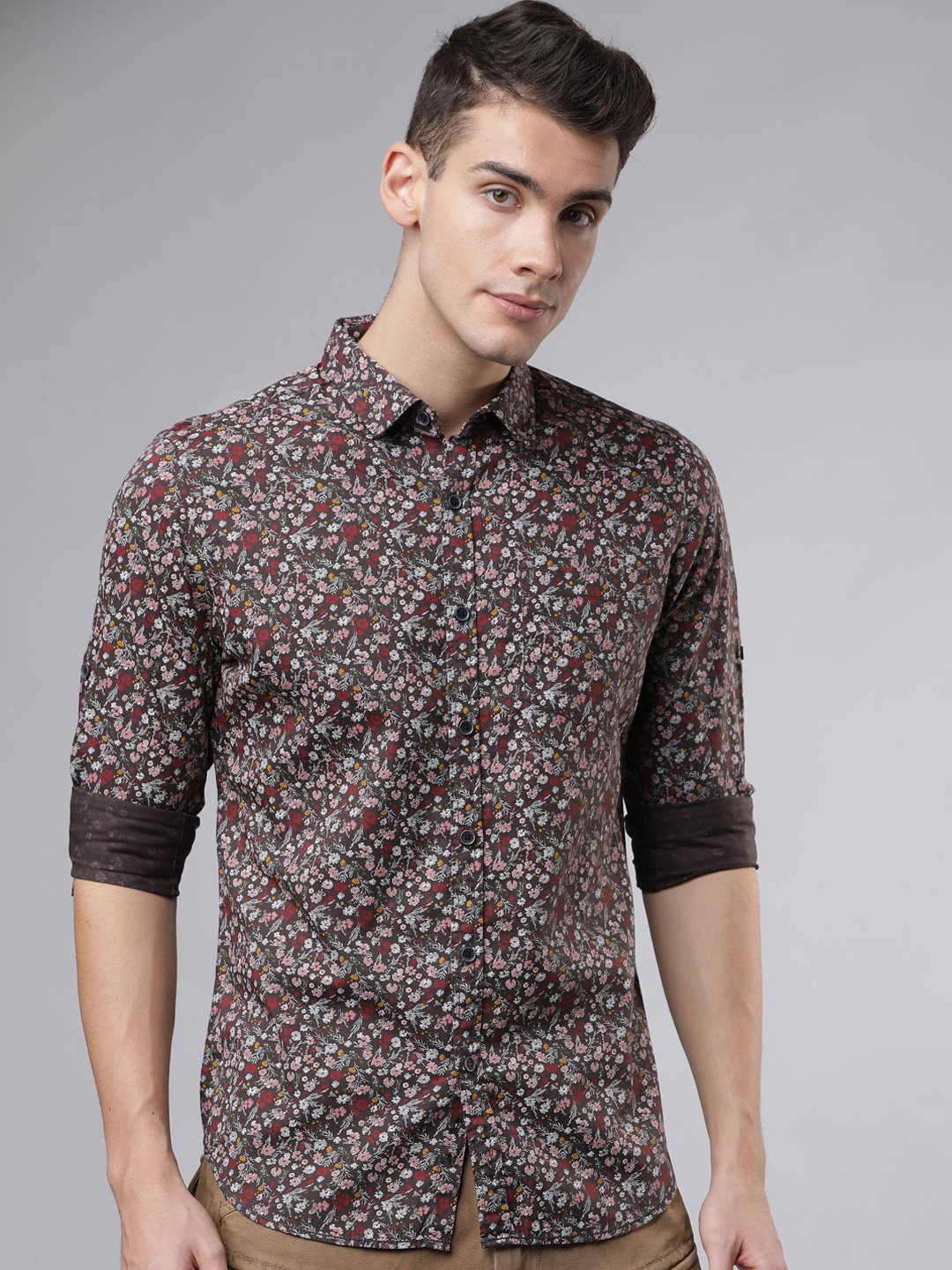 LOCOMOTIVE Men Grey & White Slim Fit Printed Casual Shirt