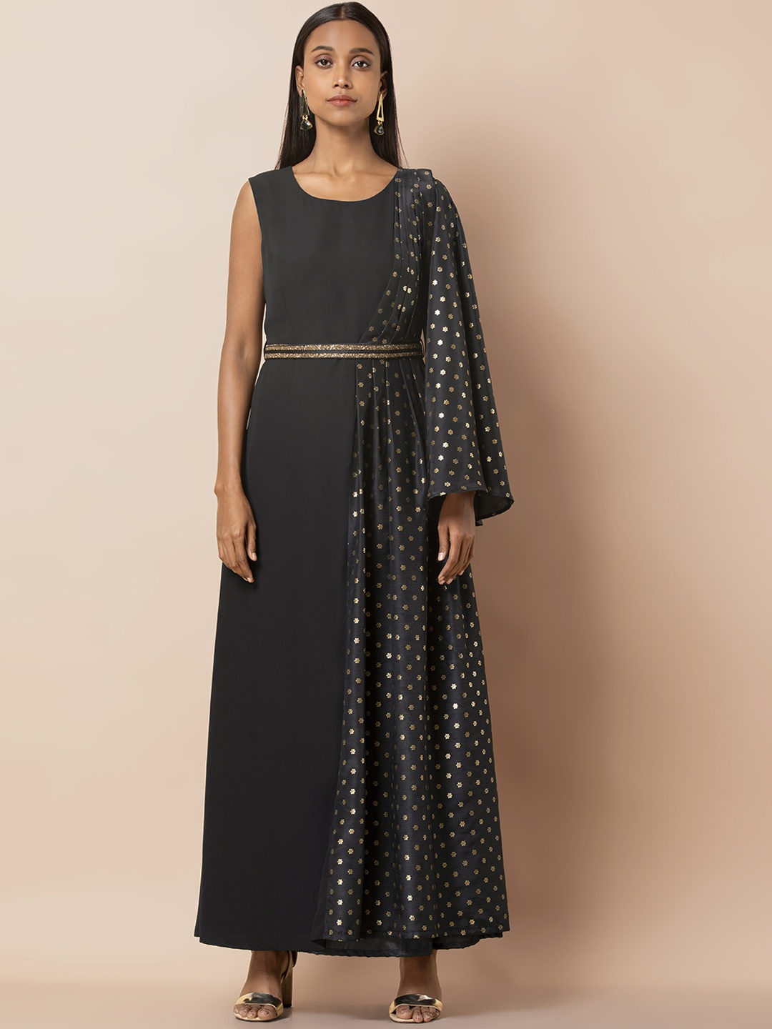 

INDYA Women Black Foil One Sleeve Maxi Dress with Side Dupatta