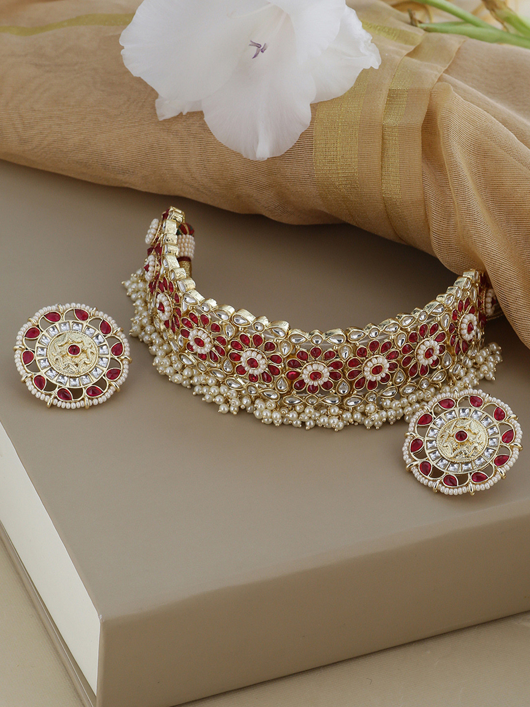 

Shoshaa Gold-Plated & Red Kundan & Ruby Stone-Studded Beaded Jewellery Set