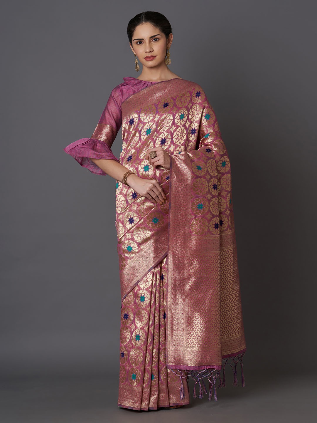 

Mitera Pink Silk Blend Woven Design Kanjeevaram Saree