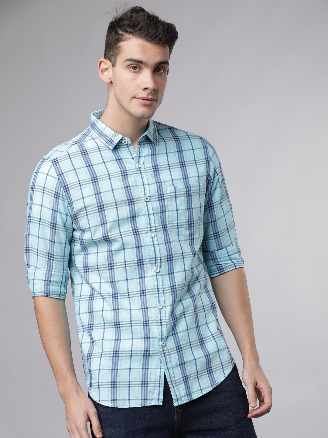 

LOCOMOTIVE Men Sea Green & Navy Blue Slim Fit Checked Casual Shirt