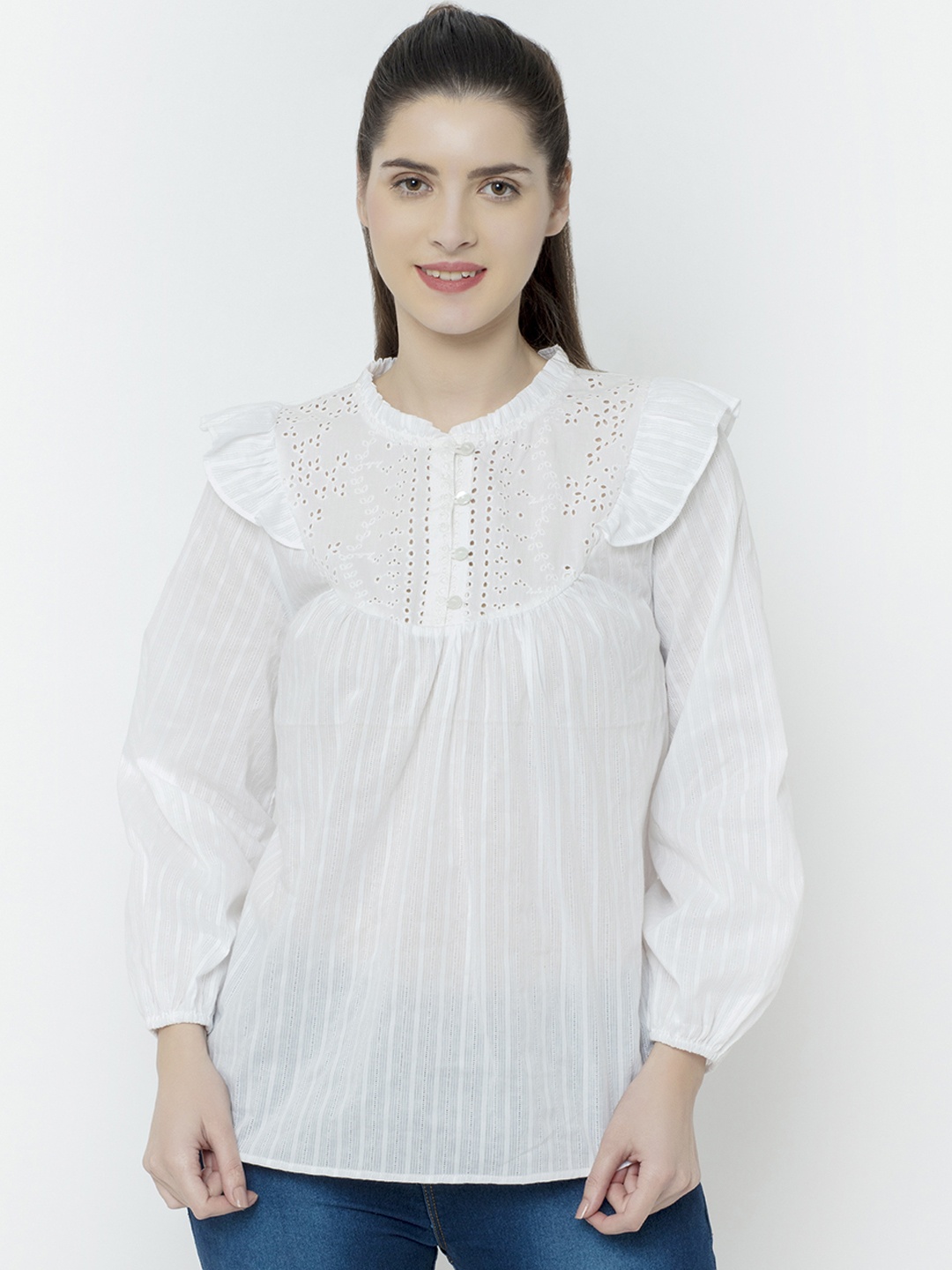 

SQew Women White Self Design Shirt Style Pure Cotton Top with Schiffli Detail
