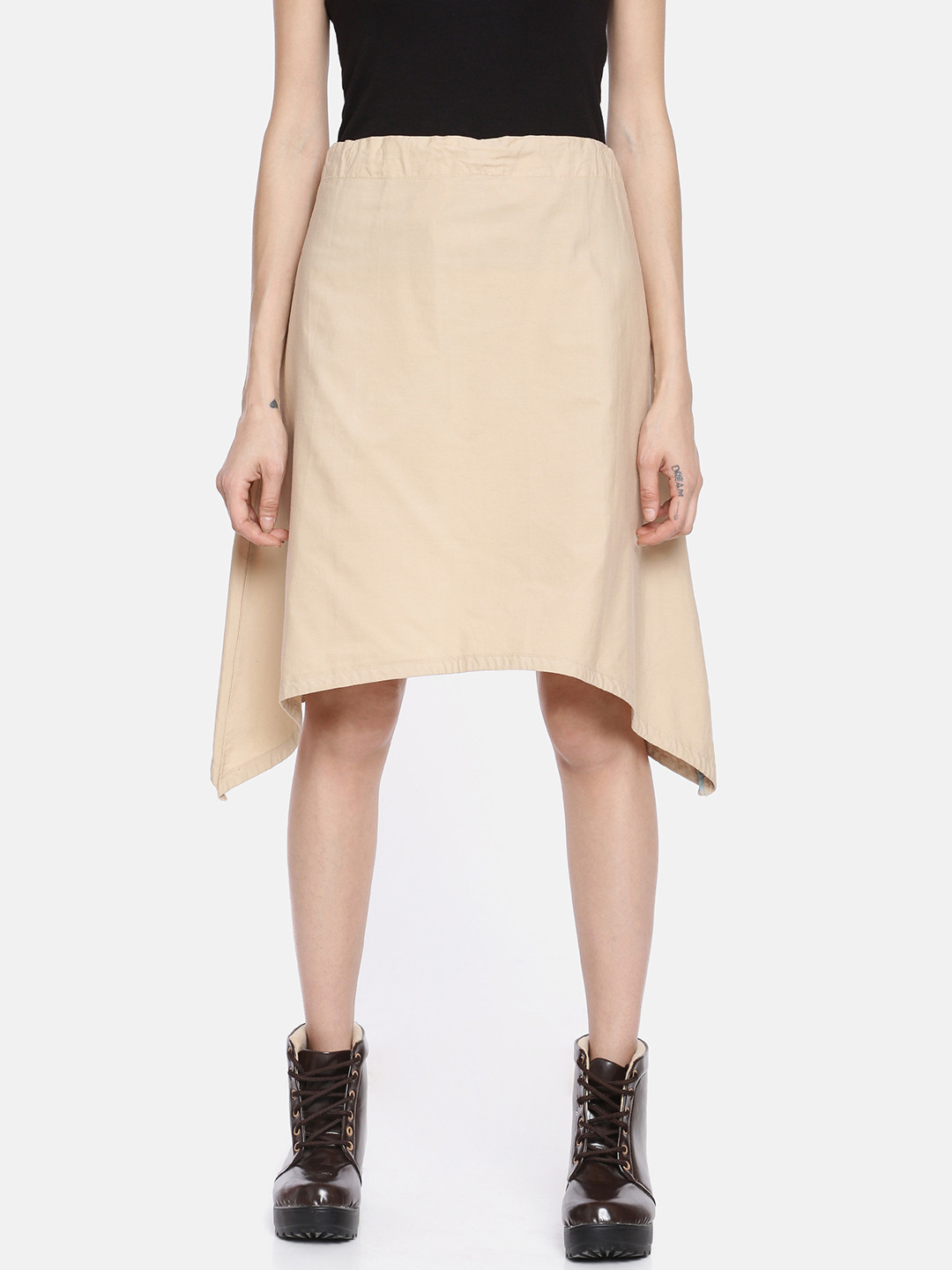 

GRASS by Gitika Goyal Women Beige Solid A-Line Naseberry Asymmetric Knee-Length Skirt