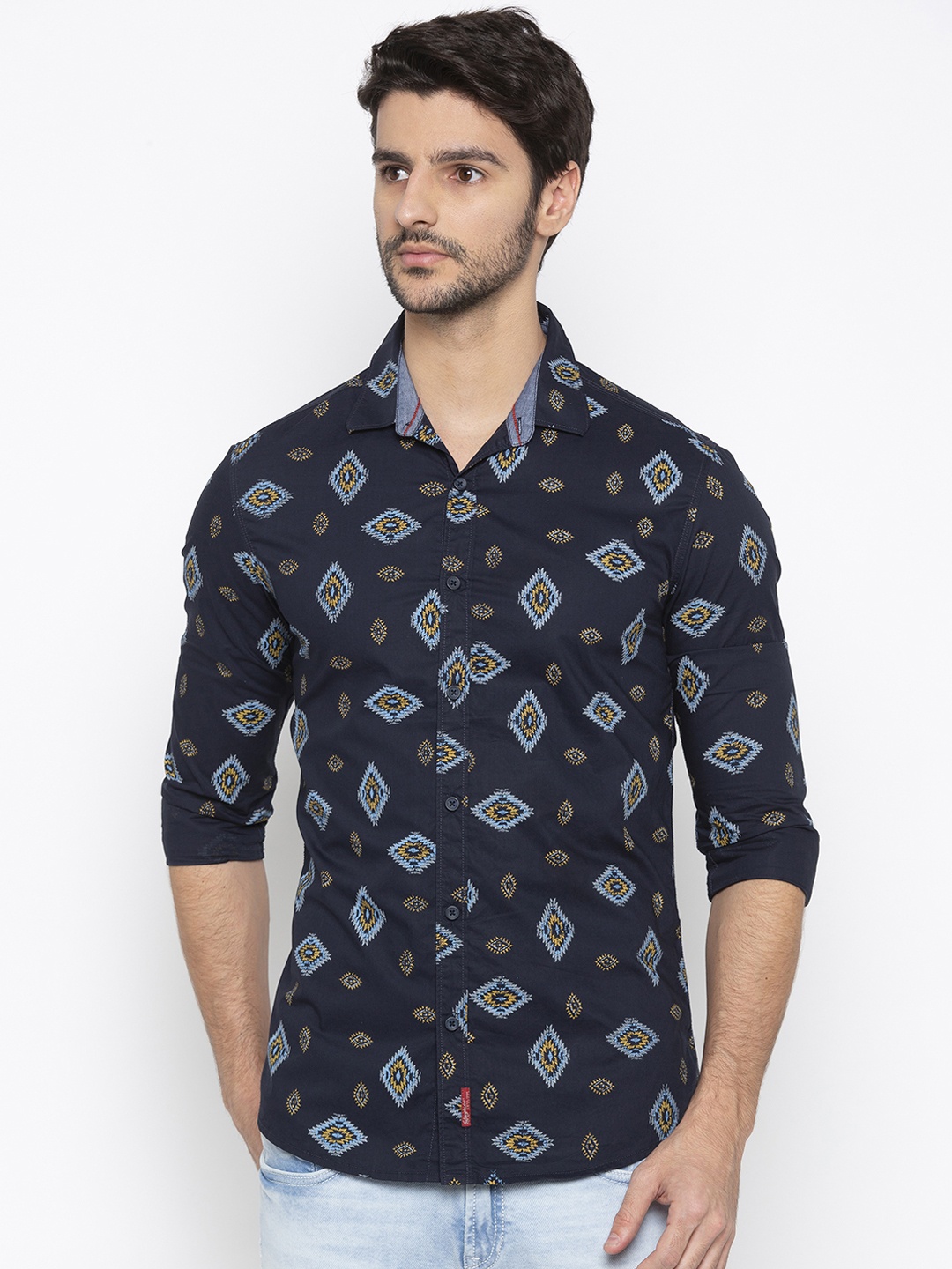 

SPYKAR Men Navy Blue & Yellow Slim Fit Printed Casual Shirt