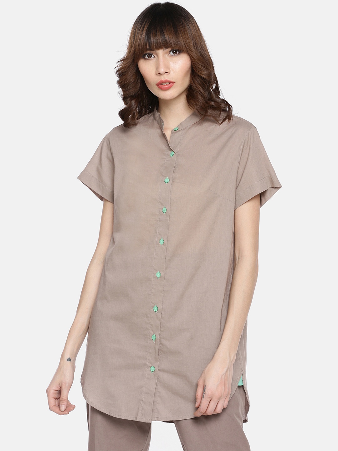 

GRASS by Gitika Goyal Women Khaki Boxy Solid Casual Shirt